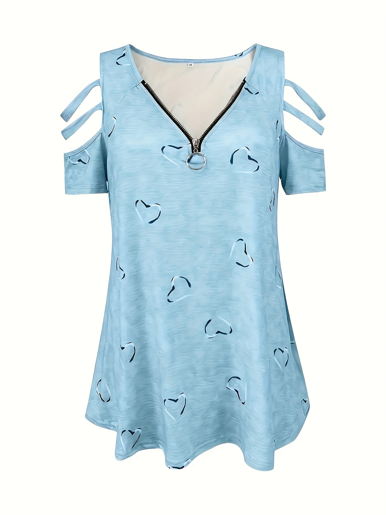 Self-pick-up Plus Size Women’S Casual Heart Print Zipper Short Sleeve Off Shoulder T-Shirt Only Self-pickup Is Supported