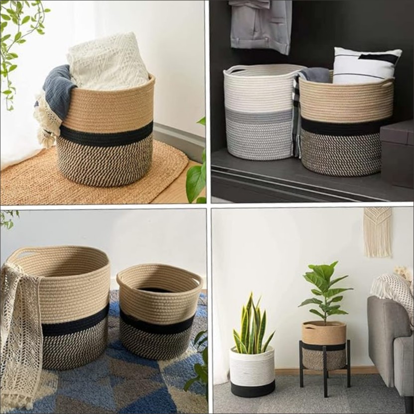 Cotton Woven Storage Basket Hamper. Cotton rope. Household laundry basket-- clothes basket storage organizer whether it is a basket of storage or a basket of plants, it is a beautiful decorative ornament. Indoor clothes basket-- the woven design is more n