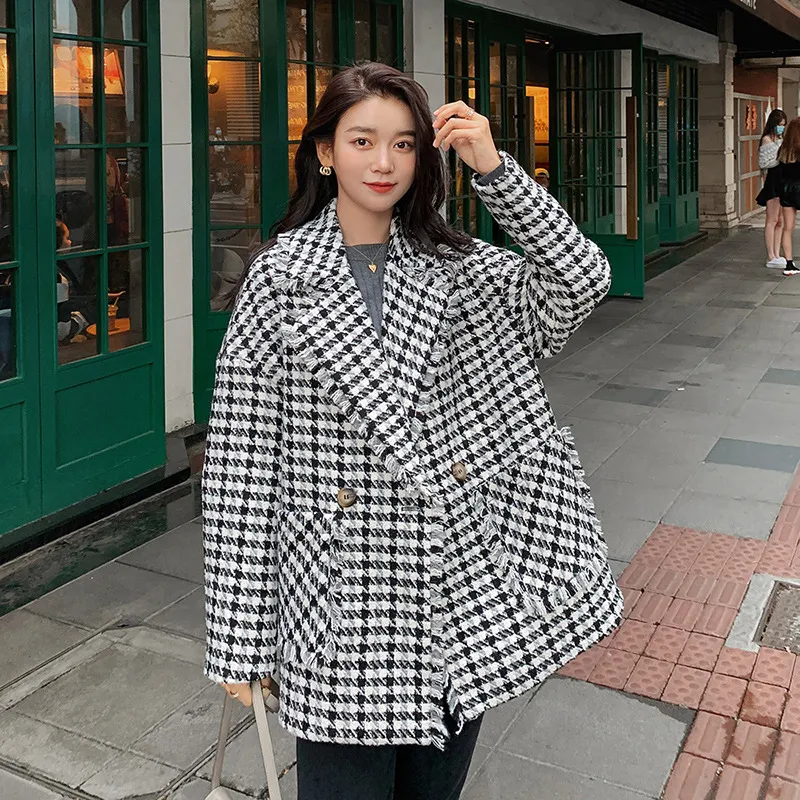 Houndstooth Women's Casual Suit Woolen Coat - Black