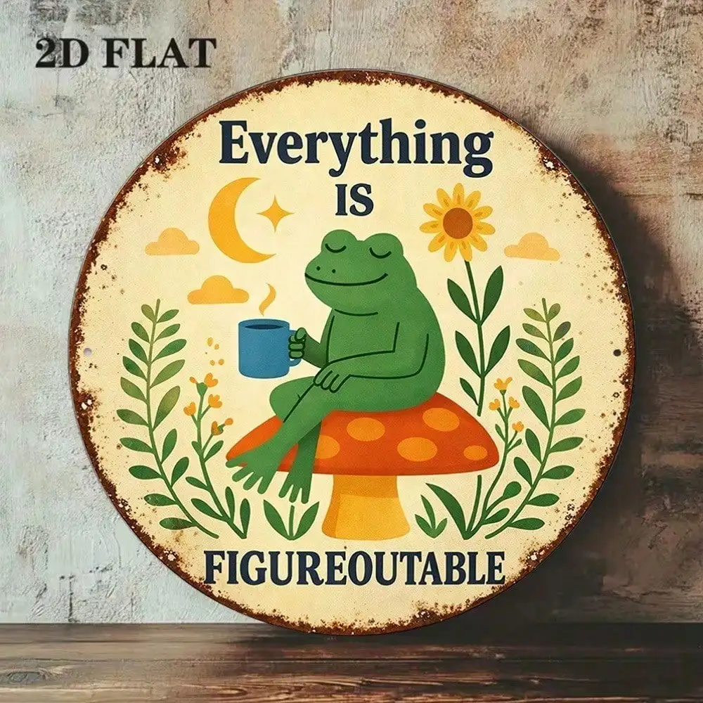 Vintage Frog Mushroom Round Sign 8x8in Cute