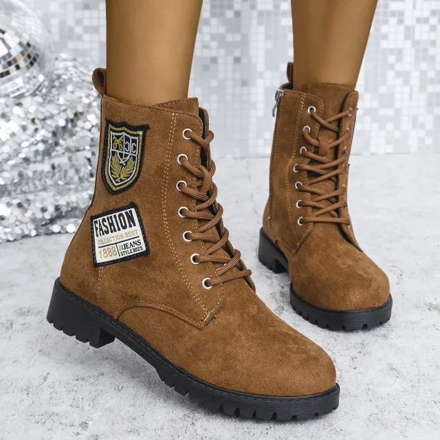 Fashion Lace up Chunky Heels Boots Winter Round Toe Shoes For Women Brown - Shop at LoveMi