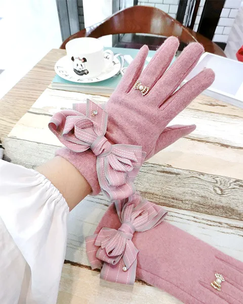 Striped Multi layer Bowknot Thickened Gloves Pink - Shop at LoveMi