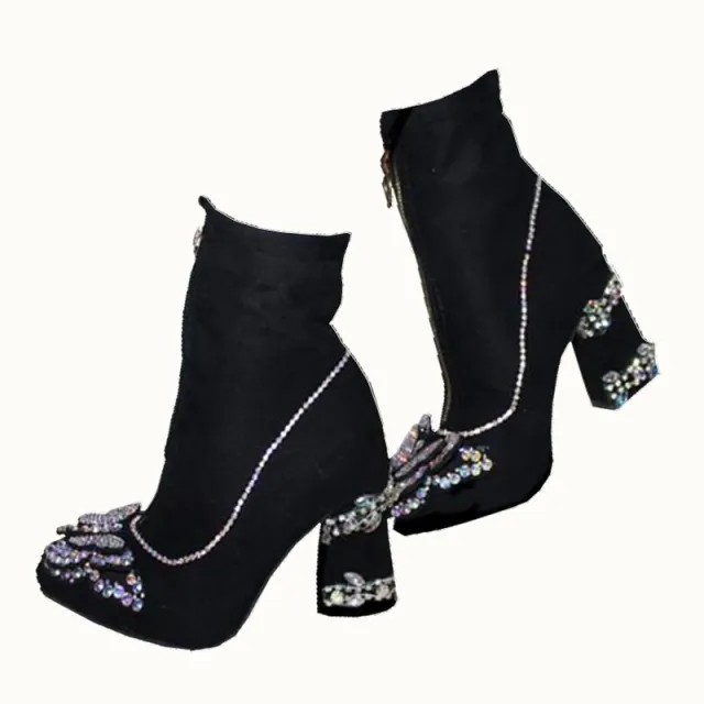 Front Zipper Stretch Square Pointed Toe Butterfly Mid tube Color Block Boots Black - Shop at LoveMi