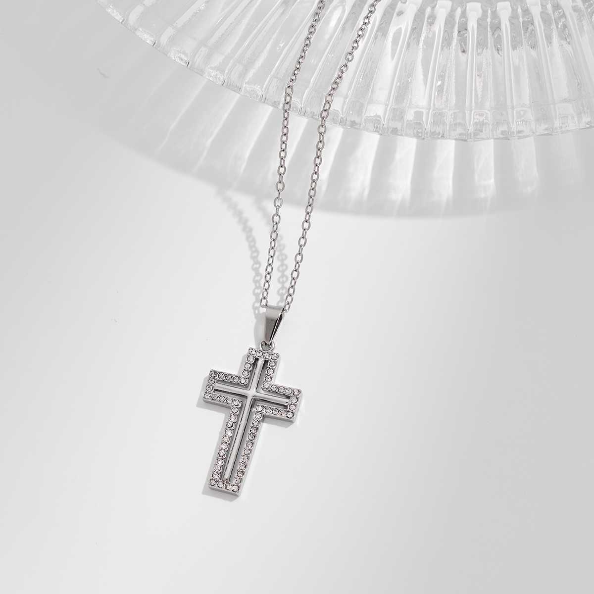 Stainless Steel Cross Pendant Necklace With Zircon Inlay