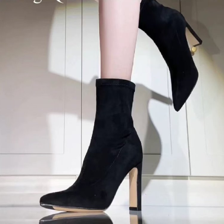 Women Versatile Designer High Heel Ankle Boots, Pointed Toe Black Suede Stretch Slim Fit Booties For Autumn & Winter