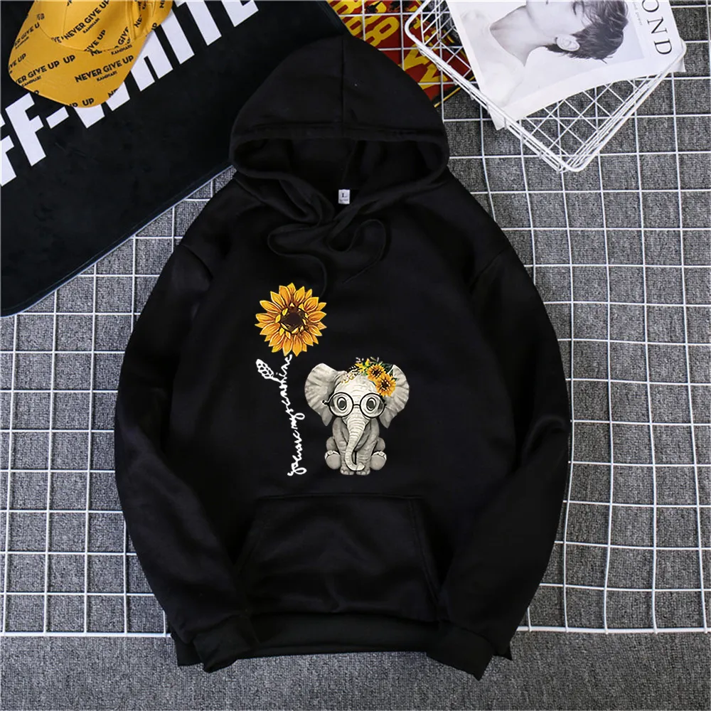 Women's Hooded Long Sleeve Pullover Casual Printed Sweatshirt - Black