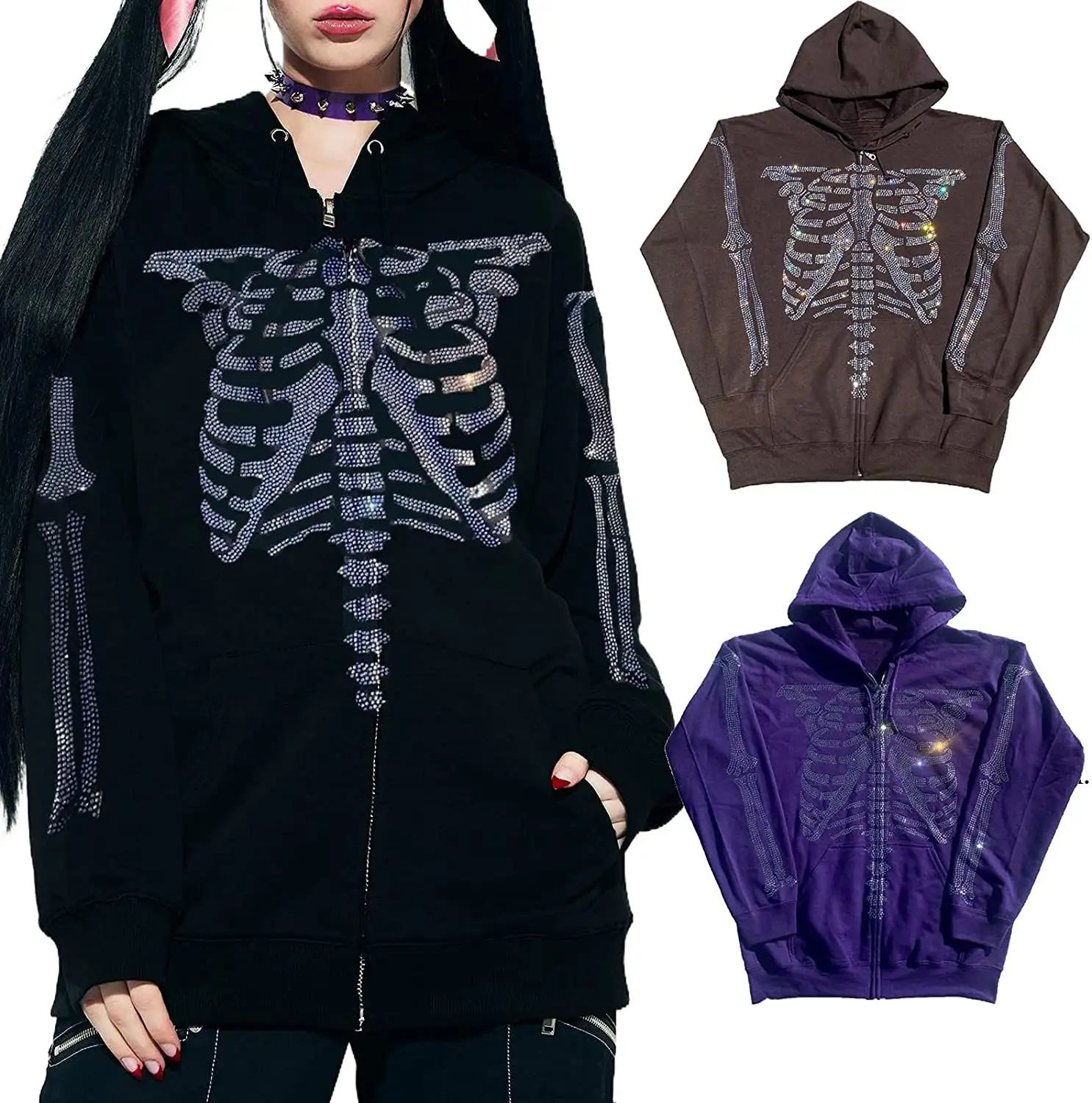Oversized Glitter Rhinestone Hoodie Women's Loose Zip