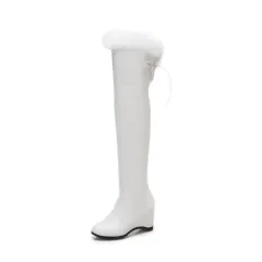 Womens Thigh High Boots Wedge Winter Over The Knee High Heels Fur Plush - White - View 1