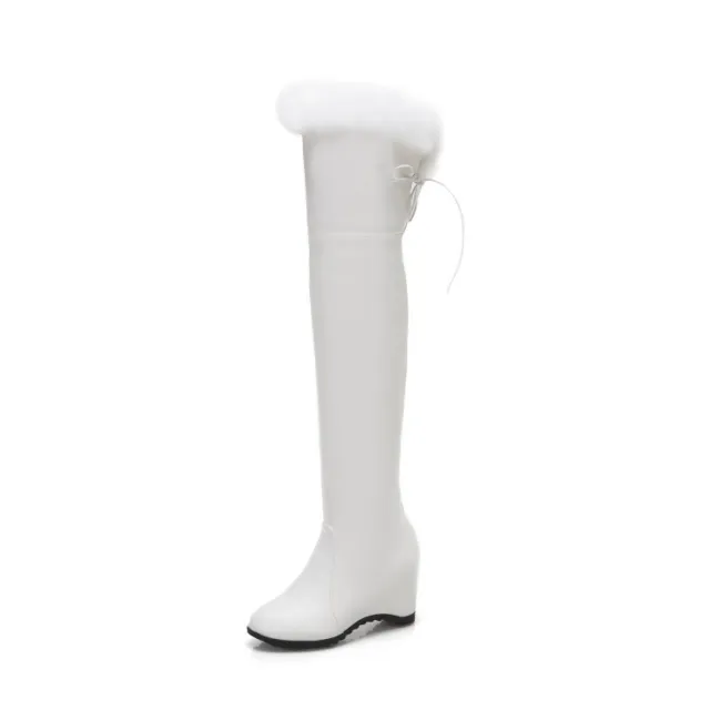 Womens Thigh High Boots Wedge Winter Over The Knee High Heels Fur Plush White - Shop at LoveMi