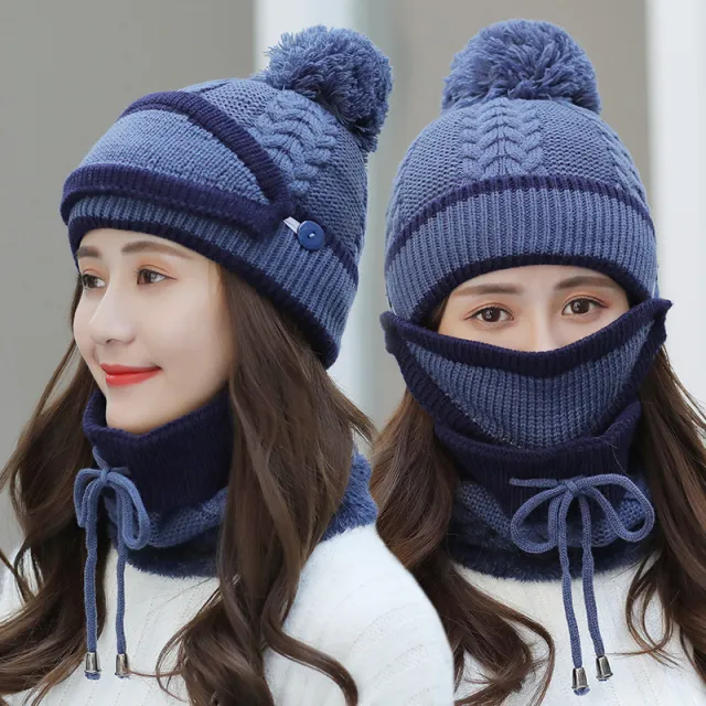 Winter Hat For Women Knitted Beanie Hat Scarf Set Warm Hat 3Pcs Dark Blue - Shop at LoveMi