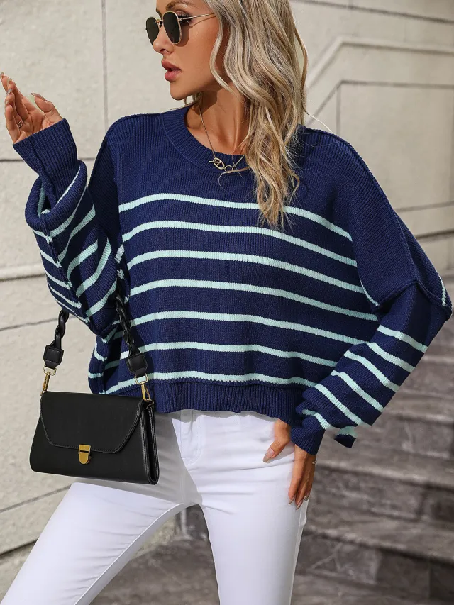 European And American Round Neck Women's Sweater Loose Pullover Stripe Sweater Blue - Shop at LoveMi