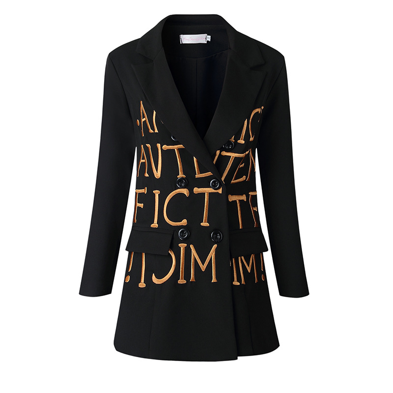 Women Black Slim Fit Embroidered Lettering Blazer Black - Shop at LoveMi