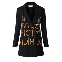 Women Black Slim-Fit Embroidered Lettering Blazer - Black - View 1