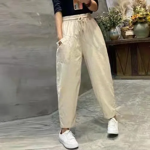 Cotton And Linen Pants Washed Wind Bamboo Linen Casual Apricot - Shop at LoveMi
