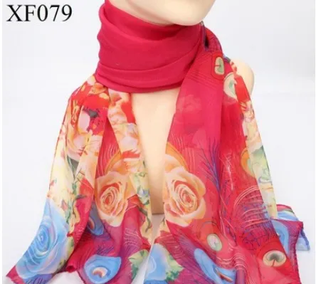 Spring And Autumn Print Chiffon Scarf Shawl Xf079 Phoenix Flower Rose Red - Shop at LoveMi