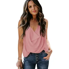Top Loose V-neck Chiffon Tank Top Women - Pink - View 1