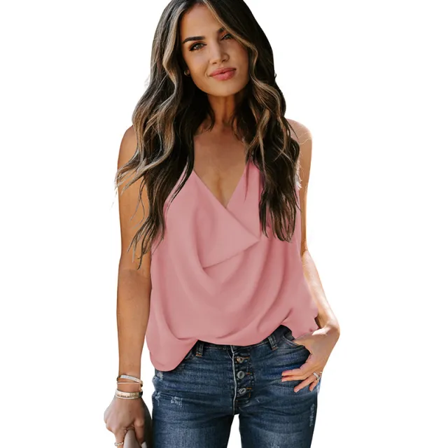 Top Loose V neck Chiffon Tank Top Women Pink - Shop at LoveMi