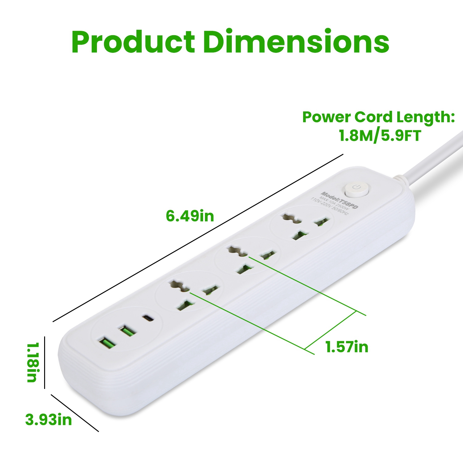 1Pc Power Strip With 6FT Extension Cord 3 AC Outlets And 2 USB A Ports 1 USB C Port 2500W Wall Mount Outlet Extender For Home Office Dorm Travel — foto 5