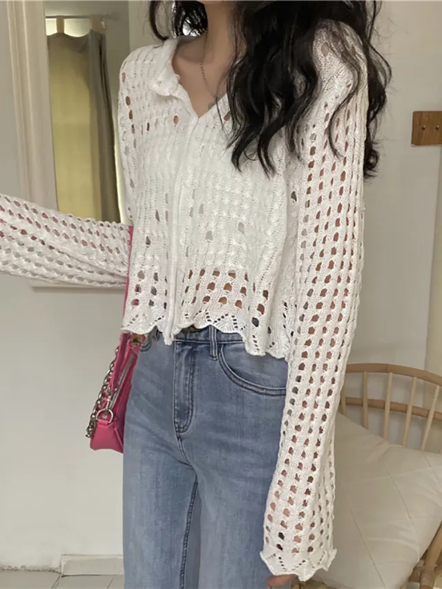 New Hollow Ice Silk Thin Long sleeved Knitted Cardigan Women's Top White - Shop at LoveMi