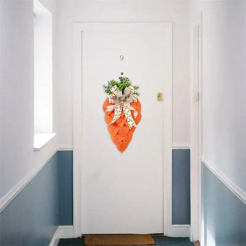 Easter Carrot Wreath Rustic Bow Cloth Wreath Garland With Green Leaves For Front Door Decoration