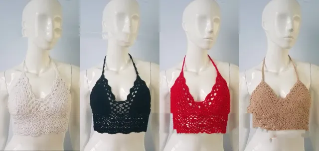 Handmade Crochet Needle Woven Bikini Bra Halter Knitted Beach Overclothes Split Black - Shop at LoveMi