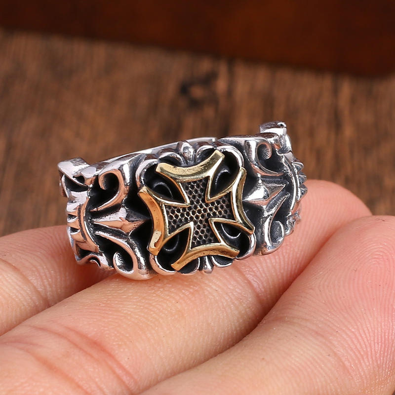 Vintage Washed Men's Cross Ring, Open Adjustable, Hip Hop Niche Design, Trendy Minimalist Cold Style Index Finger Band