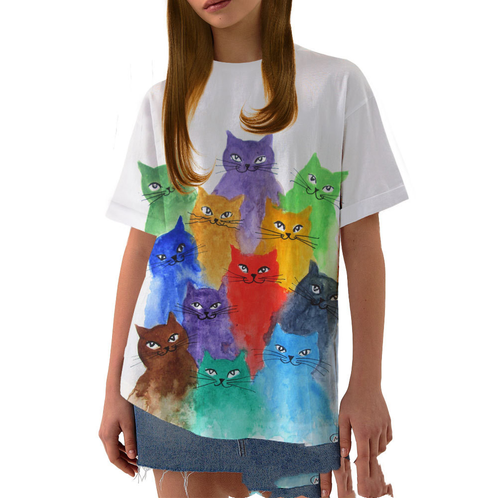 Ladies Casual Short Sleeve T-shirt Retro Color Painted Cat 3D Print