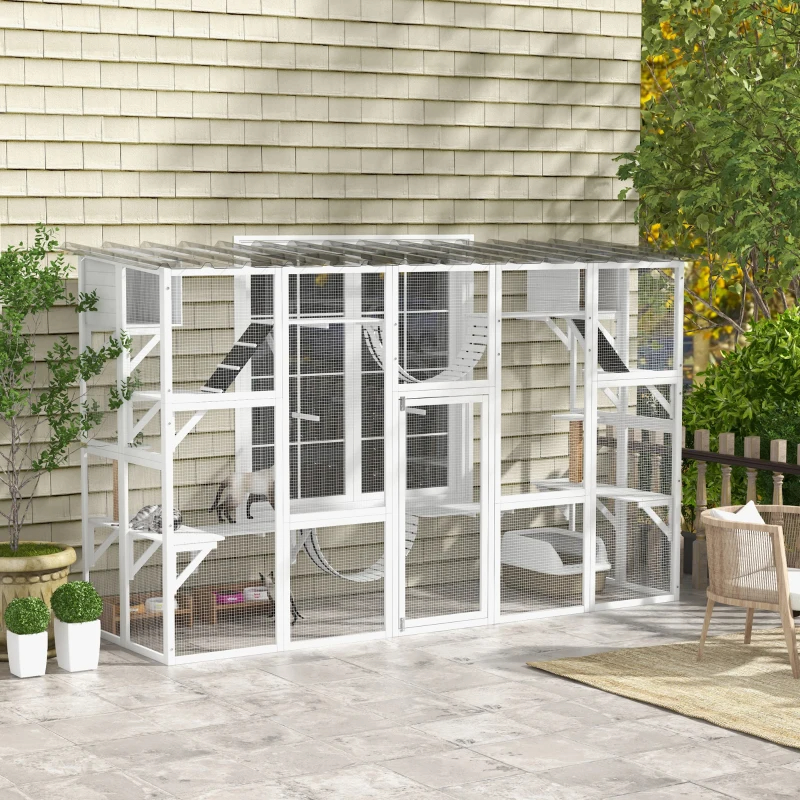 Cat Window Box , Large Catio With Shelves & Bridges, Outside Enclosure For Multiple Cats, White