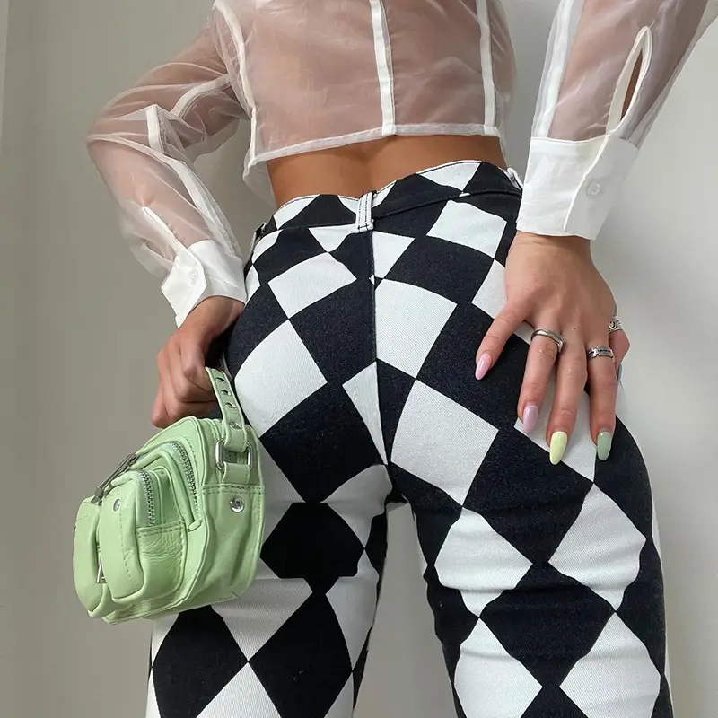 Checkerboard Print Casual Hip-lifting Micro-flare Trousers