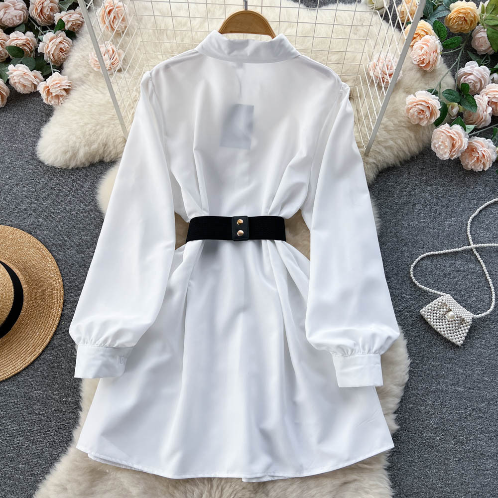 Metal Buckle White Shirt Dress