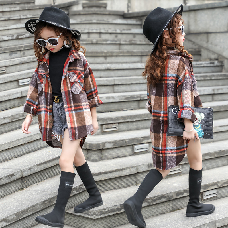 Girls' Plaid Shirt Mid-length Fashion Dovetail
