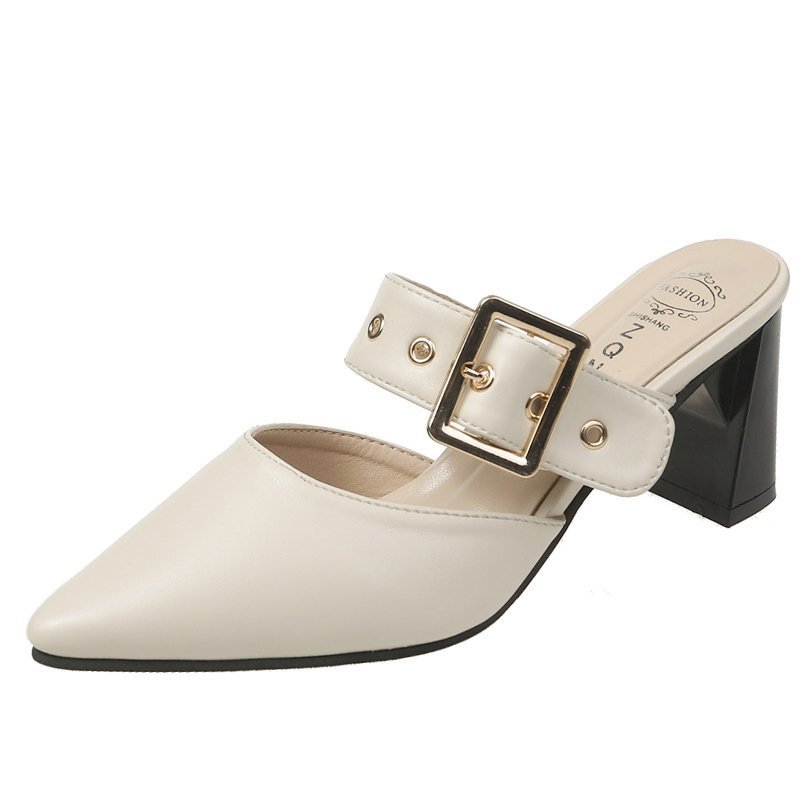 New Fashion Belt Buckle Pointed Thick Heel Mid Heel Muller Sandals And Slippers Beige - Shop at LoveMi