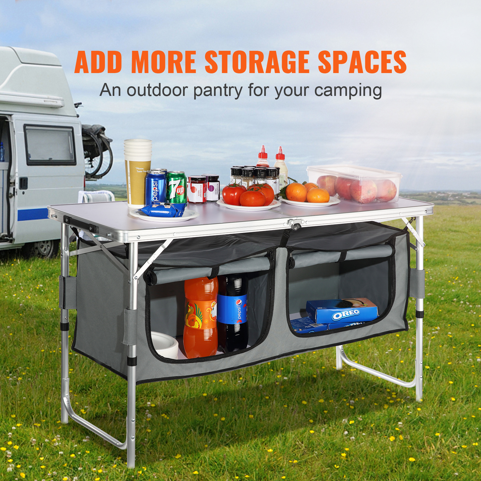 VEVOR Camping Kitchen Table, Quick Set-up Folding Camping Table, 3 Adjustable Heights, MDF Camping Table, Ideal For Outdoor Picnics, BBQs, Camping, RV Traveling — foto 6