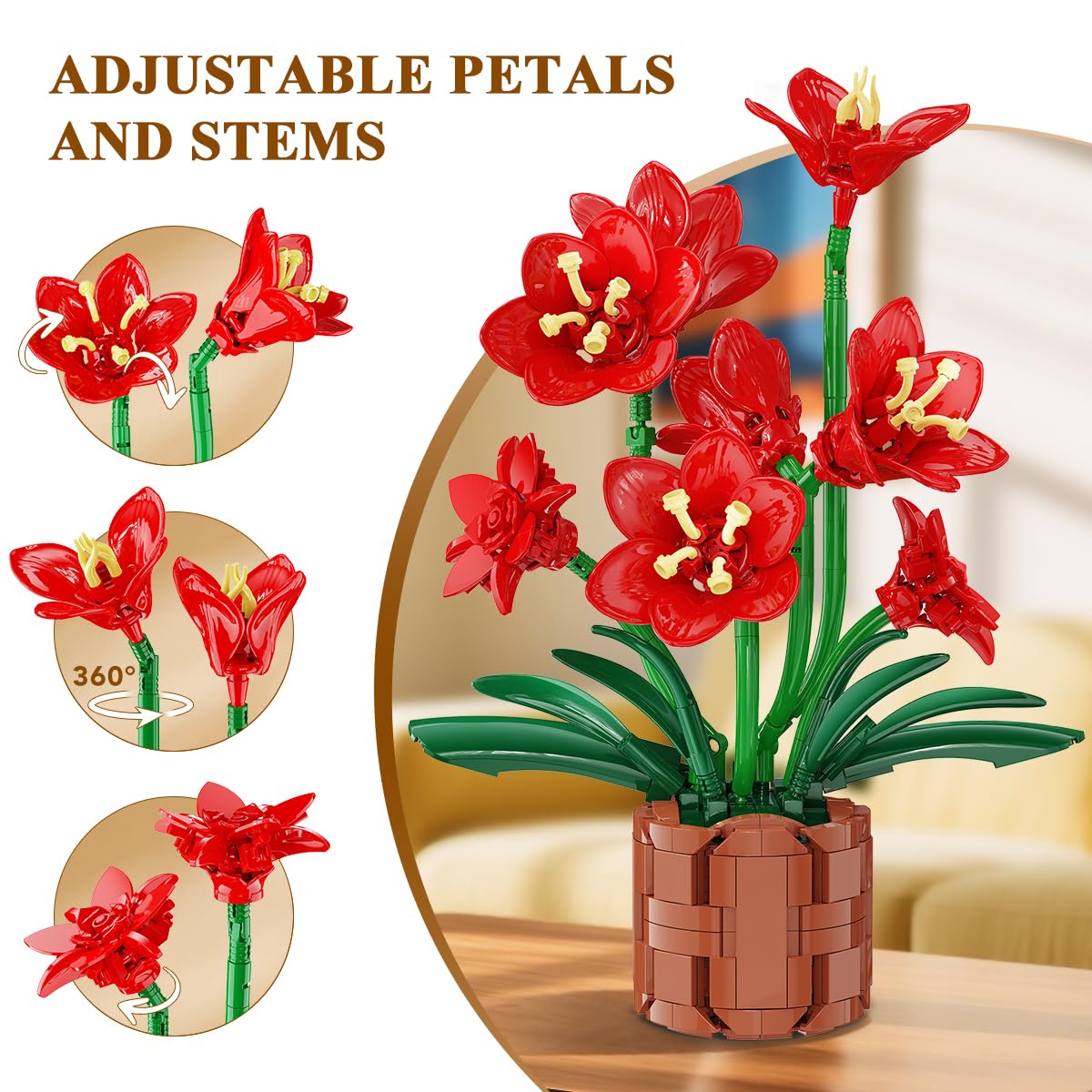 Amaryllis Flowers Bonsai Building Set, Easter Botanical Building Block, Artificial Plant Kit Home Decor, 503 PCS Flower Bouquet Bonsai For Her Adults Kids Boys Girls
