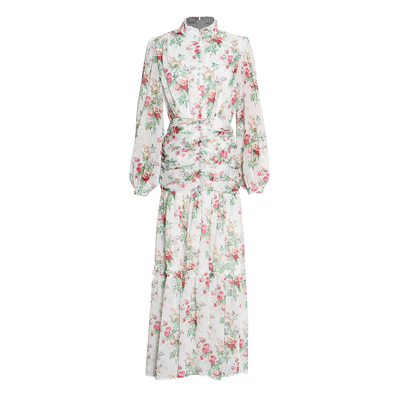 Floral Stand-Collar Pleated Shirt Dress — product details and sizing image 12