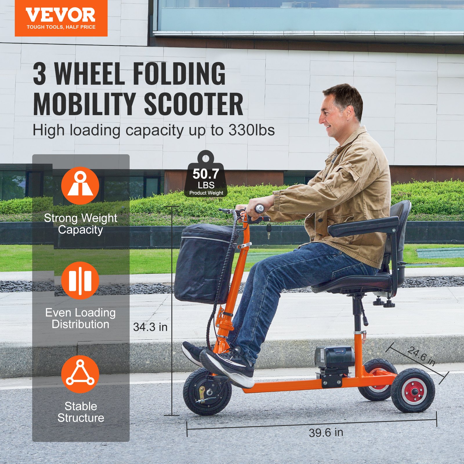 VEVOR Foldable 3 Wheel Mobility Scooter For Seniors, Portable