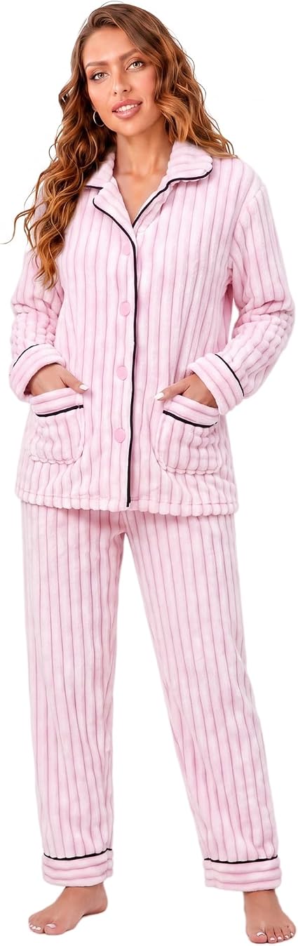 RONGTAI Ribbed Button Down Pajama Set Long Sleeve Plush Fleece PJs — image 6