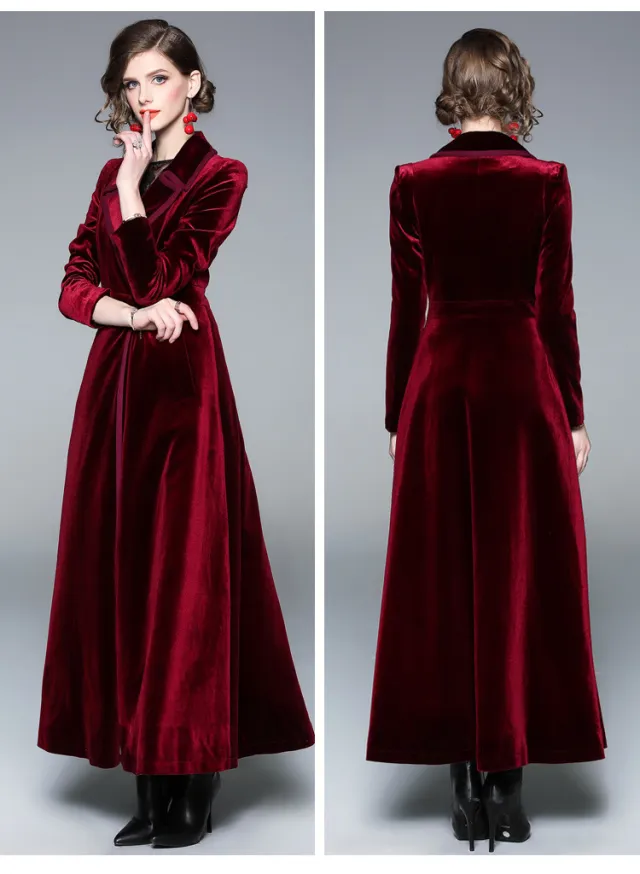 Women's Over the knee Long Velvet Coat Wine Red - Shop at LoveMi