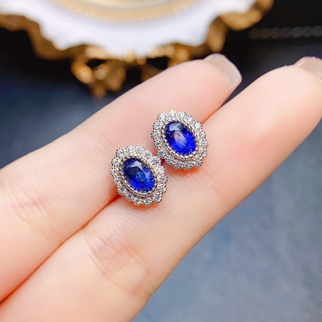 Title 3, Natural Sapphire Stud Earrings S925 Silver Inla...