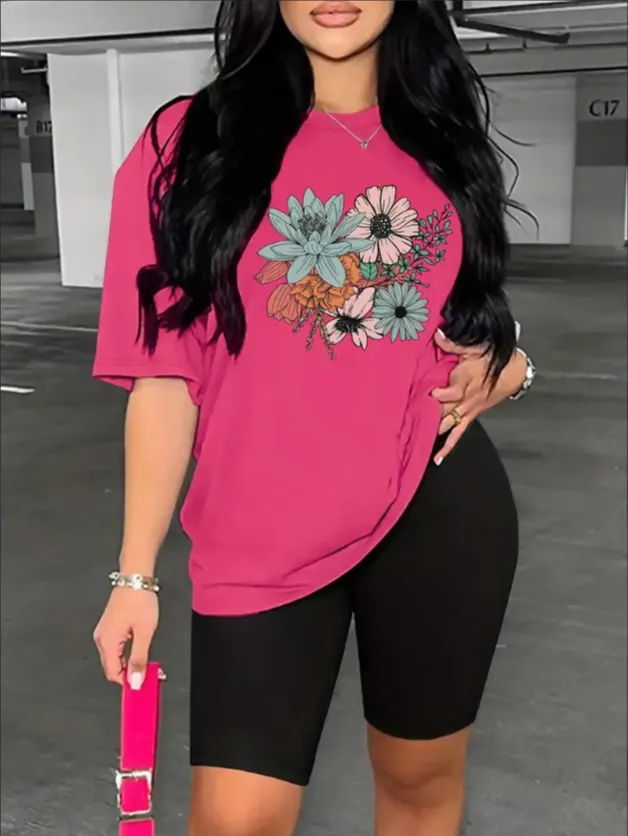 Vibrant Floral Print Women's Casual Summer Outfit Crew Neck Short Sleeve Top & Biker Shorts Set, Machine Washable Red And Pink, Ladies Summer Out... Rose - Shop at LoveMi