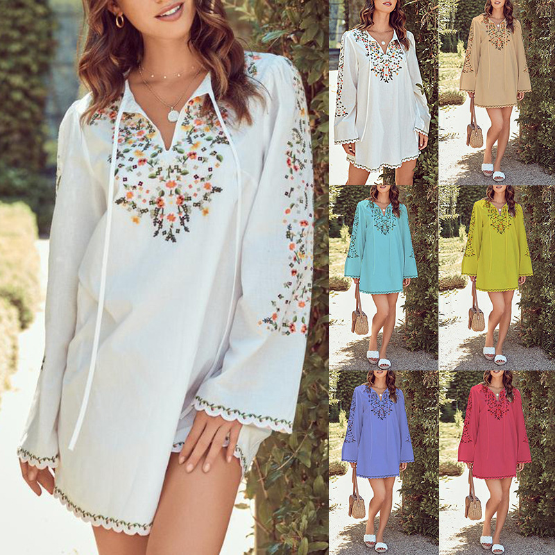 Printed Long Sleeve V-Neck Casual Loose Dress