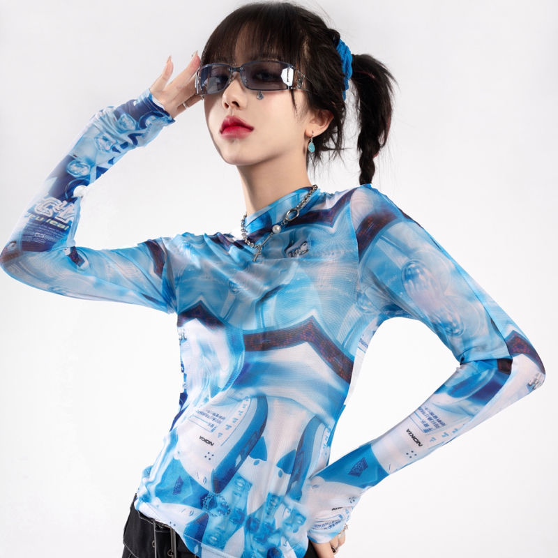 Title 2, Tie Dye Printed Mesh Bottoming Shirt Long Sleev...