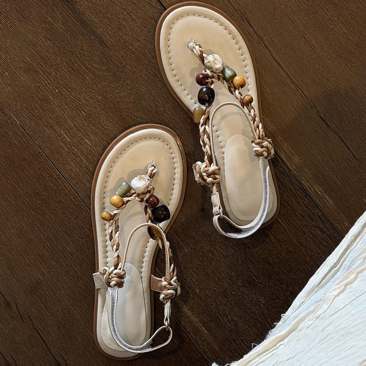 Women Boho Vacation Toe Ring Sandals, Soft Sole Open Toe Flat Roman Sandals Match Dresses