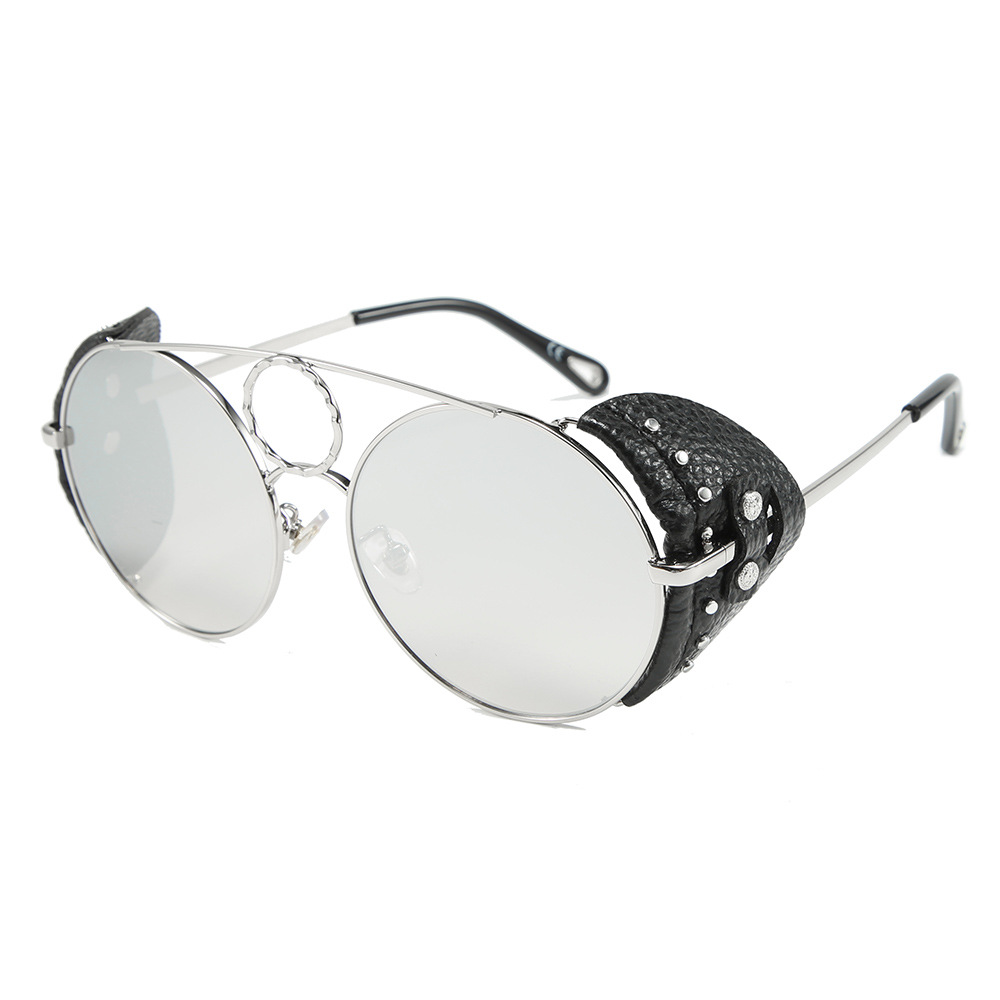 Title 7, Round Leather Rivet Metal Sunglasses