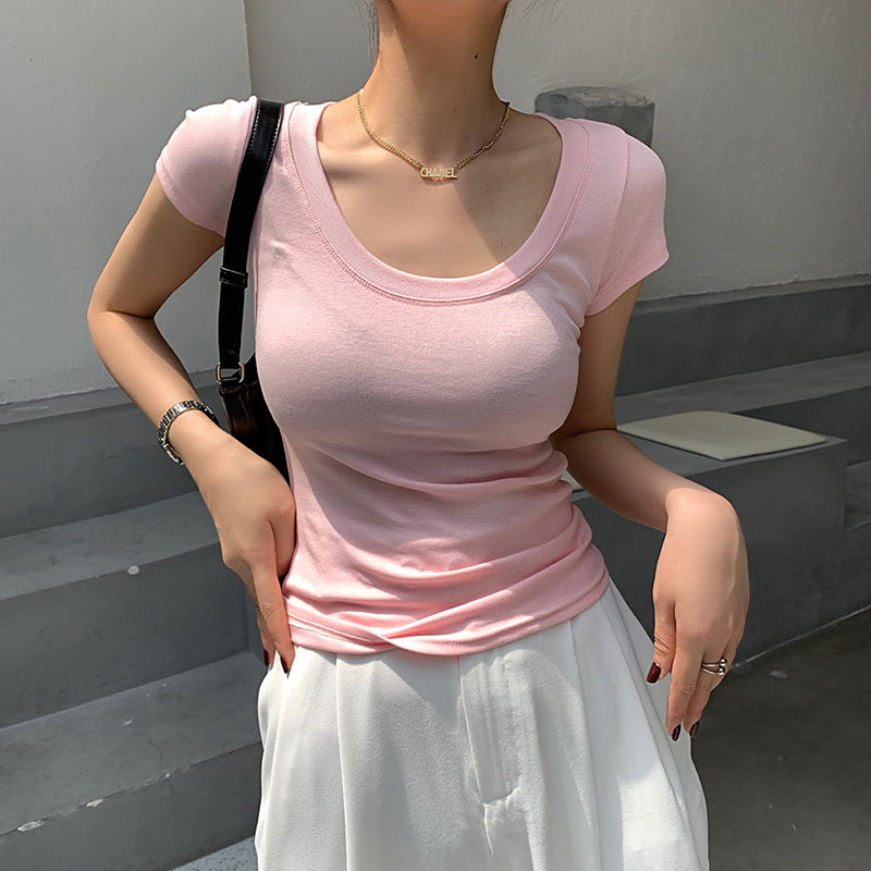 Cotton T-shirt Women's Short Sleeve Low Collar Collarbone