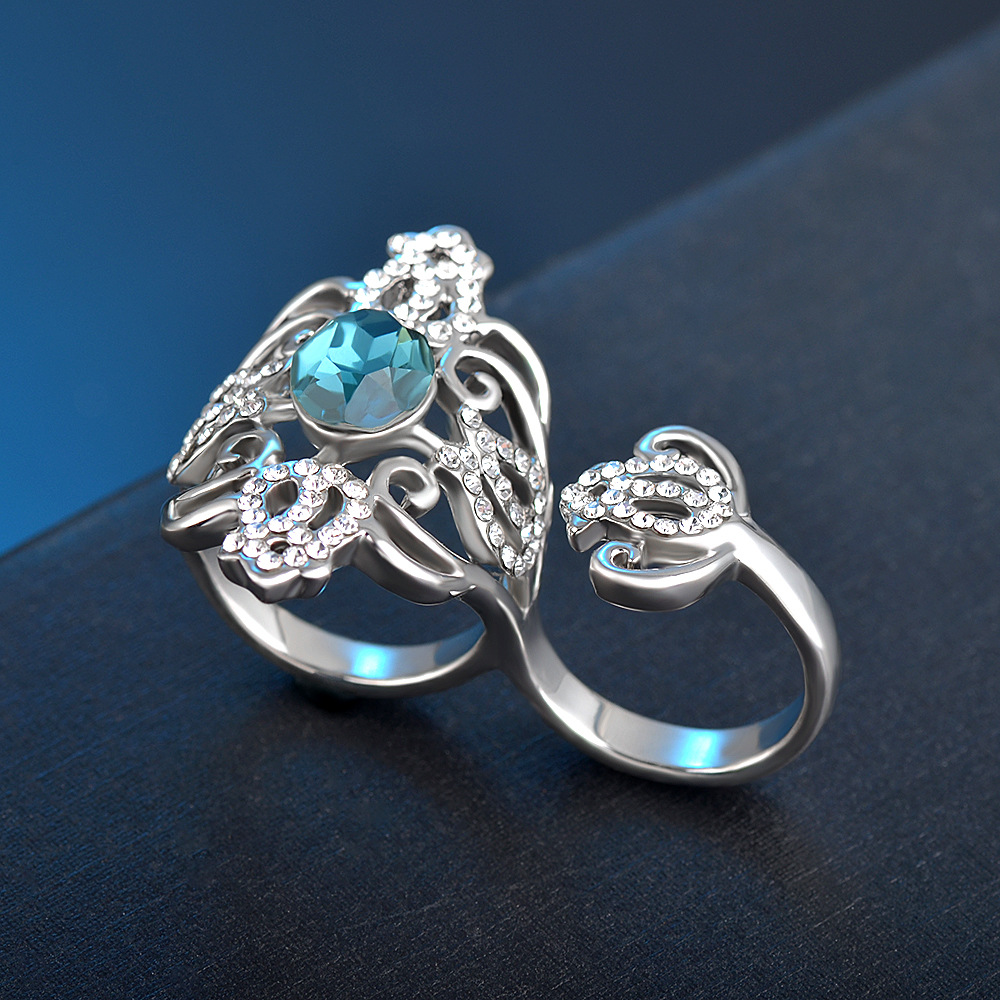 Bohemian Style Openwork Diamond And Gemstone Double Ring