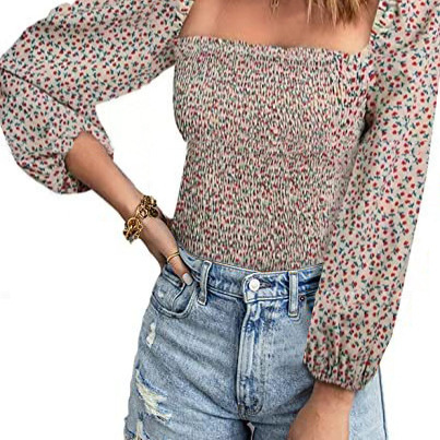 Square Neck Long Sleeve Waist Thin Lantern Sleeve Casual Top Women's Pullover Apricot - Shop at LoveMi