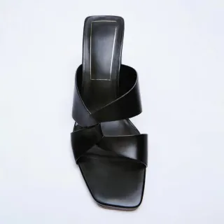 Women's Leather Square Toe High Heel Fashion Sandals - Black