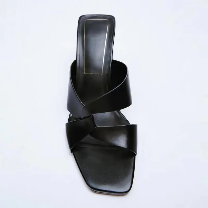 Women's Leather Square Toe High Heel Fashion Sandals - Black