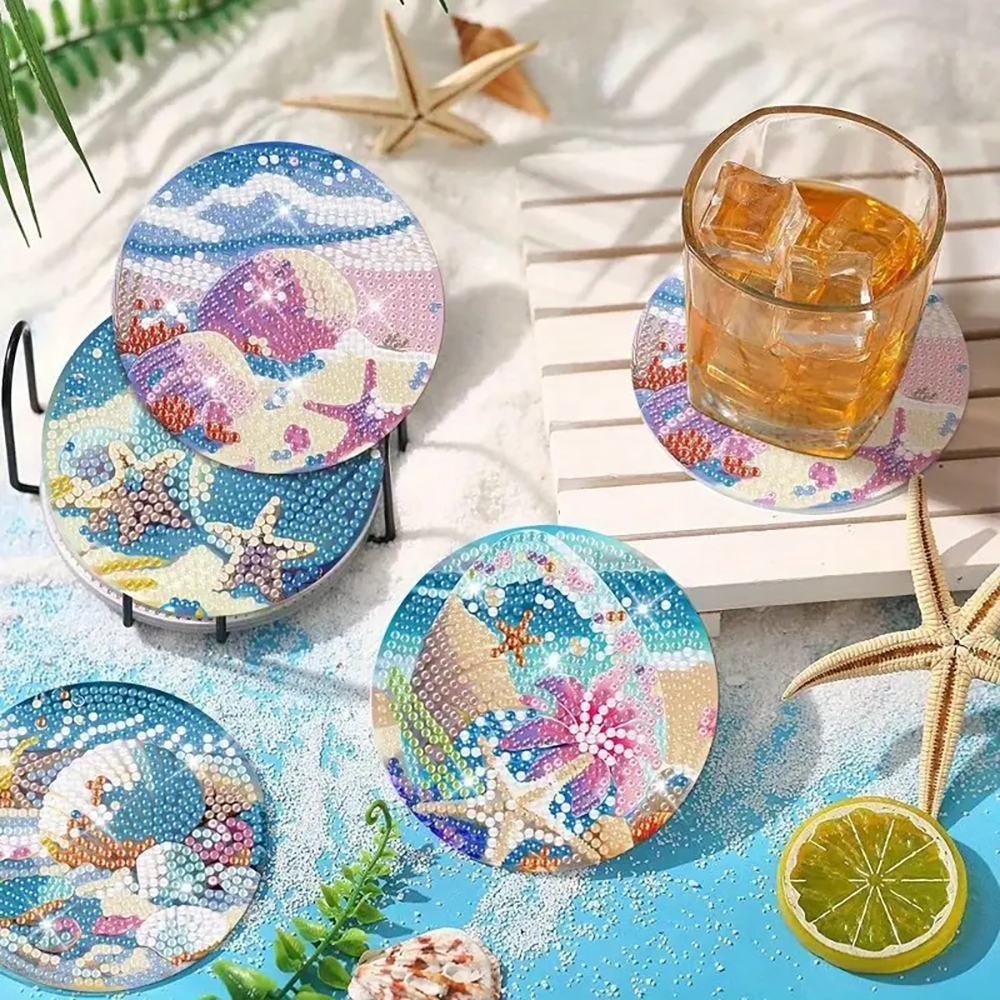 DIY Coasters With Diamond Painted Seaside Patterns And Supports, Suitable For Adult Beginners To Use Diamond Painting Sets, Handmade Diamond Art Materials, And Exquisite Gifts For Friends